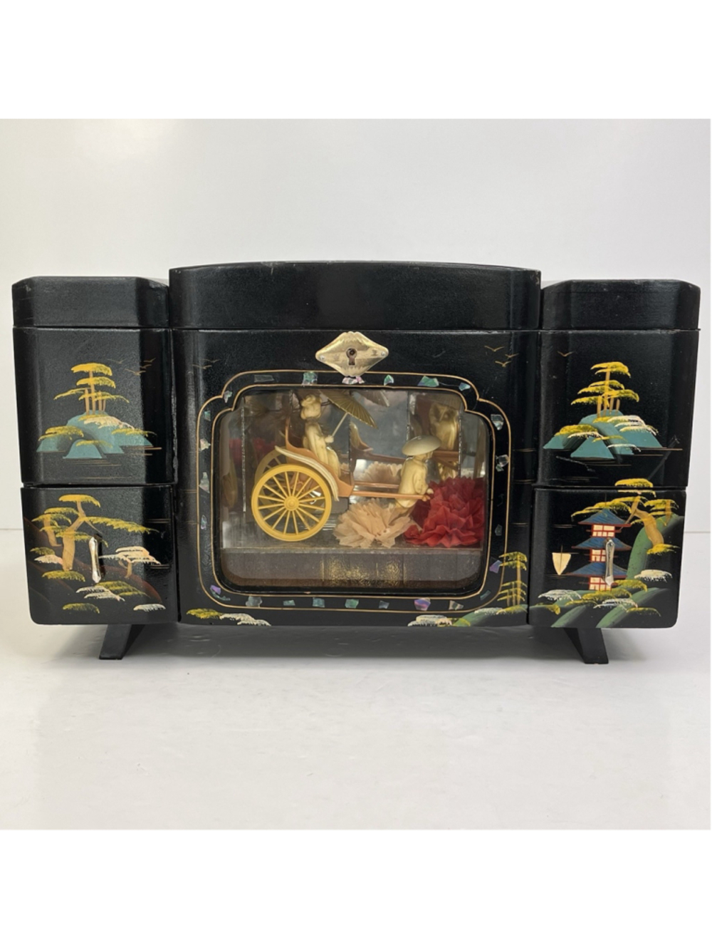 Japanese Hand Painted Jewelry Box Wind Up Musical Rickshaw 1940s-50s * READ